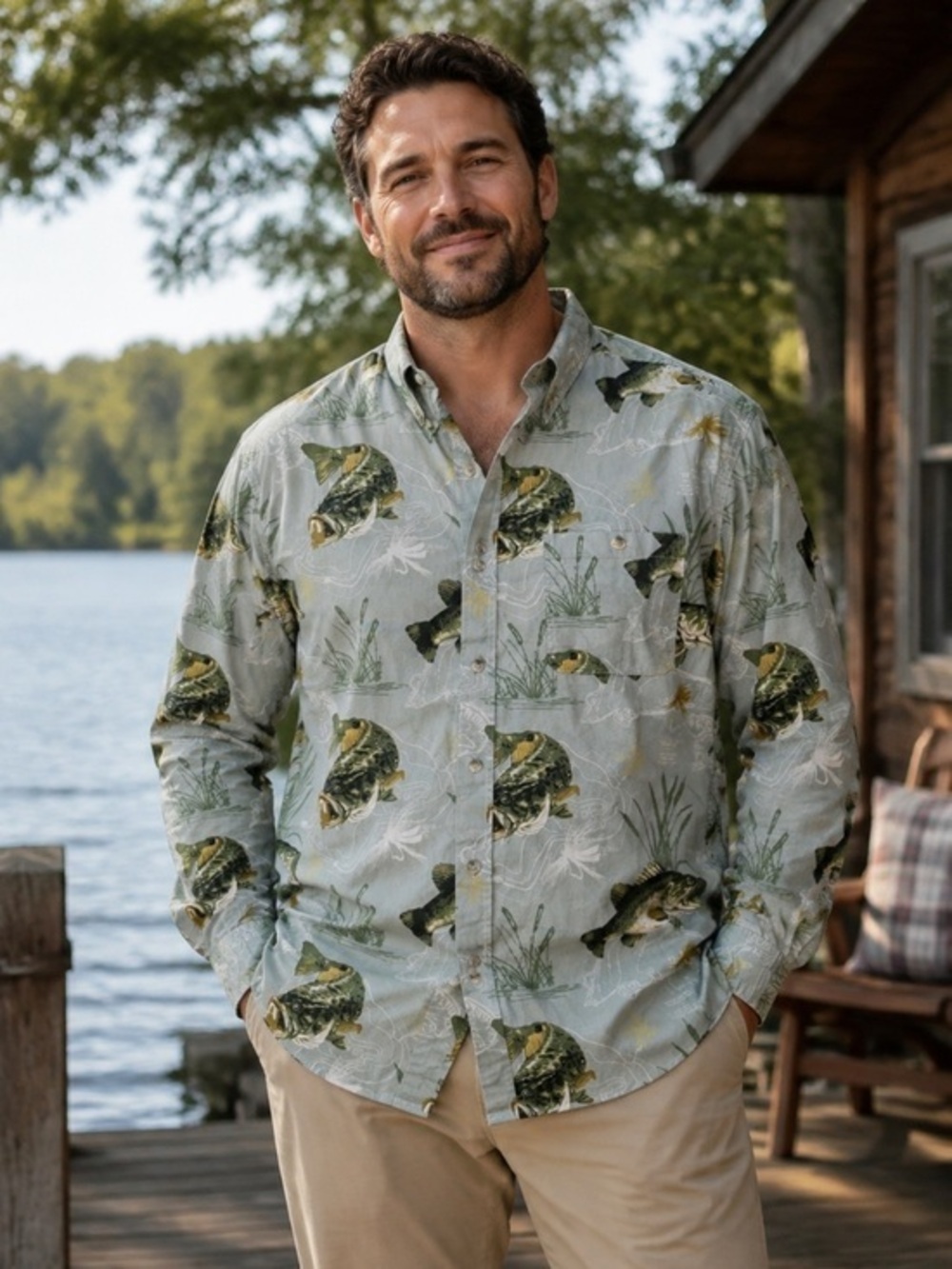 Newport Blue Men’s XL Bass Fishing Print Long Sleeve Cotton Button-Up Shirt
